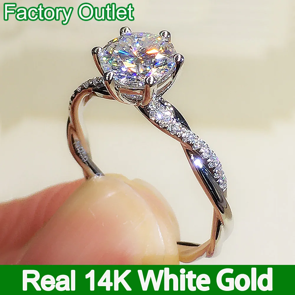 Igazi 14K Fehér Arany Gyűrű Női Eljegyzés, Évforduló Fél Gyűrűt Kerek Moissanite Gyémánt Sző Trendi 1 2 3 4 5 Ct