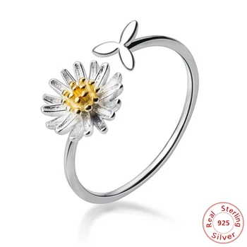 Újdonságok a Valódi 925 Sterling Ezüst Százszorszép Virág Gyűrű Női Esküvői Divat Ékszer Állítható Nyitott Gyűrű