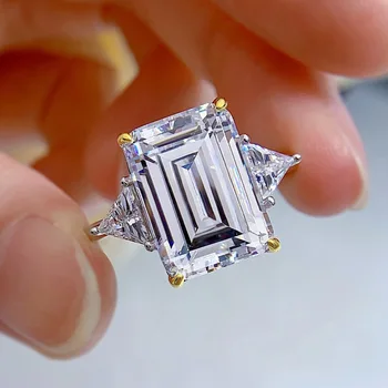 Új S925 Ezüst Gyűrű Emerald Vágott Téglalap Gyémánt Tündér Stílusú Esküvői Gyűrű 10 * 14 mm Gyémánt Gyűrű
