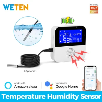 Tuya Okos Wifi Víz Hőmérséklet Páratartalom Érzékelő Beltéri Kültéri fagyasztó Hőmérő Páratartalommérő Külső Szonda LCD Képernyő Riasztás