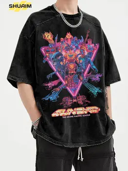 SHUAIM Streetwear Harajuku Mosott T-Shirt Hip-Hop Anime Nyomtatott Póló 2023 Férfiak Nyári Rövid Ujjú Tshirt Felsők Pólók Fekete
