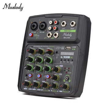 Muslady 4-Csatornás Keverő keverőpult LED kijelző, Beépített Hangkártya, USB, BT Kapcsolat, 2-band EQ Nyereség Késedelem