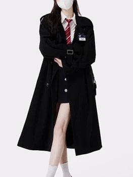 Fekete Koreai Stílus Elegáns Kabát Női Meleg, Fekete Vintage Hosszú Női Széldzseki Egyetemi Divat Öv Bő Kabát Téli 2023