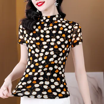#1454 Nyári Rövid Ujjú Póló Női Virágos Nyomtatott Háló Tshirt Vintage Feszes, Szexi Iroda Rövid póló Femme koreai Stílus