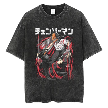 Láncfűrész Anime Grafikai Nyomtatás Unisex Tshirt Vintage Mosott T-shirt a Nők Harajuku Túlméretezett Streetwear Maximum Pamut Alkalmi Póló
