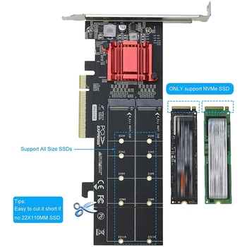 Kettős NVMe PCIe Adapter,M. 2 NVMe SSD, PCI-E 3.1 X8/X16 Kártya Támogatás M. 2 (M) Gombot NVMe SSD 22110/2280/2260/2242