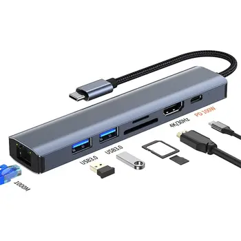 7 in1 USB-C-HUB USB 3.0 Bővítő C-Típusú Splitter 4K HDMI Dokkolóegység Gigabit RJ45 Ethernet Adapter PD Töltés Laptop PC