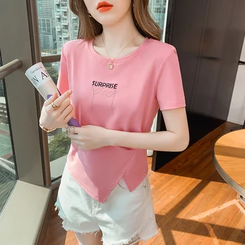 2023 Nők Betűkkel Nyomtatott póló Nyári Szabálytalanság Felső Póló Y2K Ruhát koreai Harajuku Vintage O-neck Póló Női Mujer