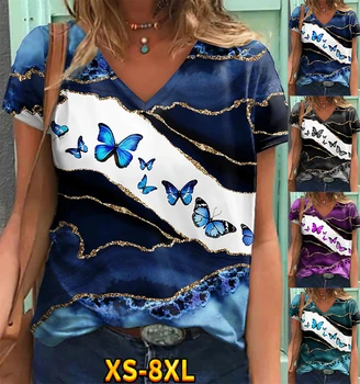 Női Alkalmi Hétvégén Absztrakt Pillangó Festmény Póló Póló Grafikus Pillangó Mintás Rövid Ujjú Nyomtatás V-Nyak XS-8XL