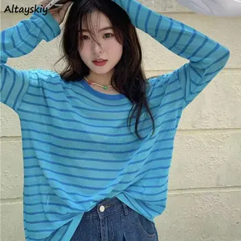 Csíkos póló Nők koreai Stílus Bő Elegáns Nap-bizonyíték Hangulatos O-nyak Vintage Streetwear Összes mérkőzés Alkalmi Tavaszi Divat Diákok