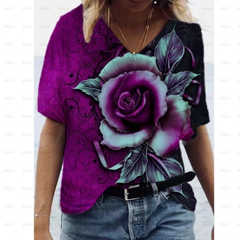 2022 új divat alkalmi női póló nyári személyiség rose téma divat alkalmi V-nyakú rendszeres T-shirt rövid ujjú