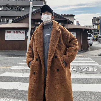 A Férfiak Télen Meleg Sűrűsödik Gyapjú Hosszú Kabát Koreai Nagyméretű Dupla Soros Kabát Alkalmi Gyapjú Árok Teddy Plüss Bő Köpönyeg