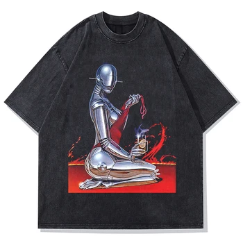 Harajuku Streetwear Vintage T-Shirt Rajzfilm Robot Nyomtatás Mosott Rövid Ujjú Póló Férfi Nyári Túlméretezett Pamut Alkalmi Póló