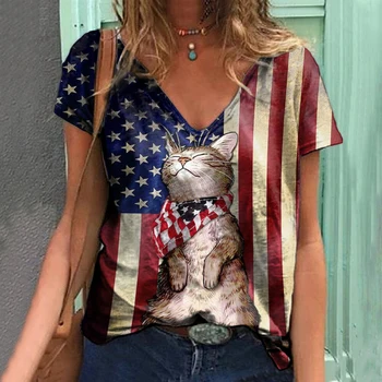Amerikai Zászló Nők Nyomtatás Nők Macska Póló Új Nyári Rövid Ujjú, V-Nyakú Alkalmi Laza Felső Túlméretes Női Felső Streetwear