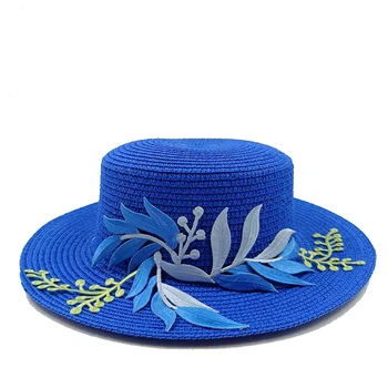 Nyáron szalmakalapot hímzett levél lapos tetején a férfiak, mind a nők szalmakalapot kalap strand sapka kék lapos tetején szalmakalap кепка мужская