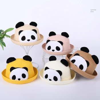 Új Nyári Gyermekek Szalma Sapkák Cuki Panda Panama Kalap Divat Szülő-gyermek Kirándulás Nap Kap az Lány, Fiú, Strand Horgász Kalap