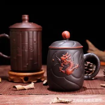 Lila Agyag Kínai Dombornyomott Sárkány Teáscsésze Kreatív Retro Tea Bögre Fedelét, majd Infúzióra Kézzel készített Víz Kupa Drinkware Ajándékok