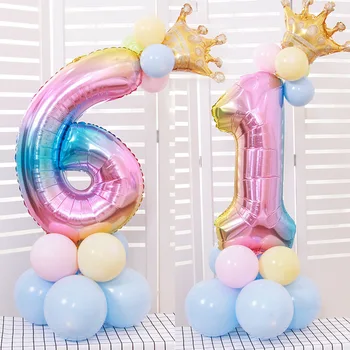 17Pcs/Set Szivárvány Szám Fólia Lufi 32 cm-es Léggömb Korona Digitális Hélium Ballon Esküvői Dekoráció Születésnapi Party Kellékek
