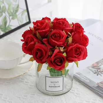 12db Piros Mesterséges Selyem Rózsa Csokor Virág a Menyasszony Kezében Haza Hamis Fehér Virágok, Olcsó Otthoni Asztal Dekoráció