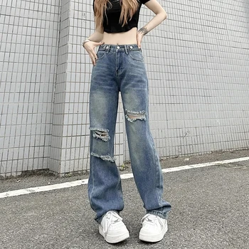 Árapály-Jelenlegi Szakadt Y2k Bő Farmer Nők koreai Stílus Streetwear Alkalmi Nadrág Vintage Magas Derék, Széles Láb Női Nadrág